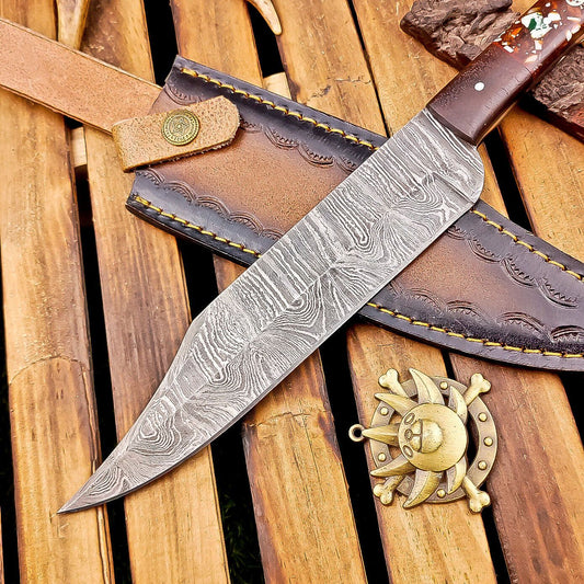 12 Inch Resin Handle Damascus Bowie Knife with Brass Pins and Leather Sheath
