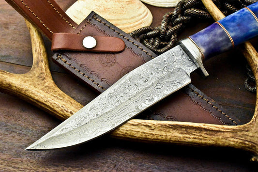 12.5" Handmade Damascus Steel Bowie Knife – Camel Bone Handle with Leather Sheath