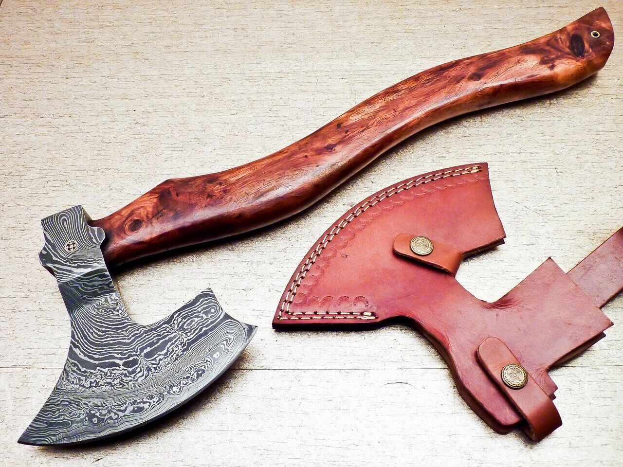 Custom Handmade Damascus Steel Tomahawk Axe 18-Inch with Natural Wood Handle and Leather Sheath