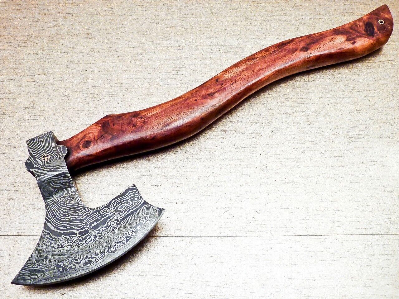 Custom Handmade Damascus Steel Tomahawk Axe 18-Inch with Natural Wood Handle and Leather Sheath