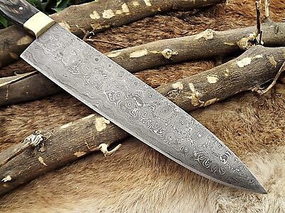 Hand Forged 14" Damascus Steel Chef Knife with 2-Tone Dollar Wood Handle & Brass Bolster