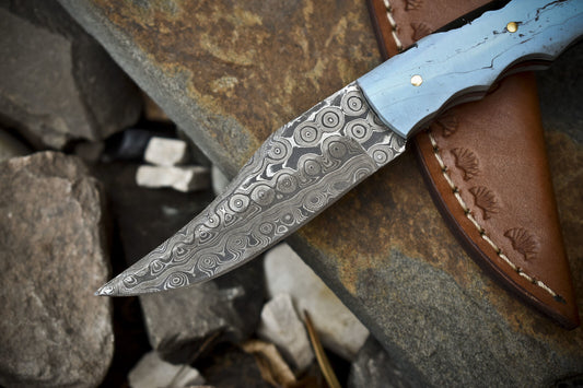 Rain Drop Damascus Skinner Knife with Micarta Handle – 7" Handmade Survival Hunting Blade