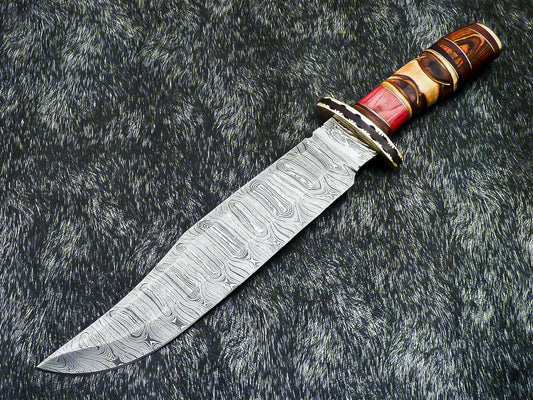 Colossus 15.5 Inch Damascus Bowie Hunting Knife | Hard Wood Handle