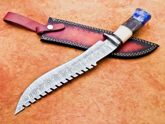 Heritage Forge 15 Inch Custom Handmade Damascus Hunting Bowie Knife with Camel Bone Handle