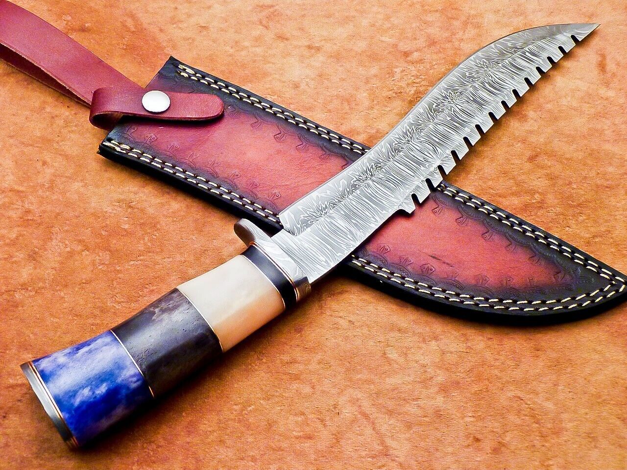 Heritage Forge 15 Inch Custom Handmade Damascus Hunting Bowie Knife with Camel Bone Handle