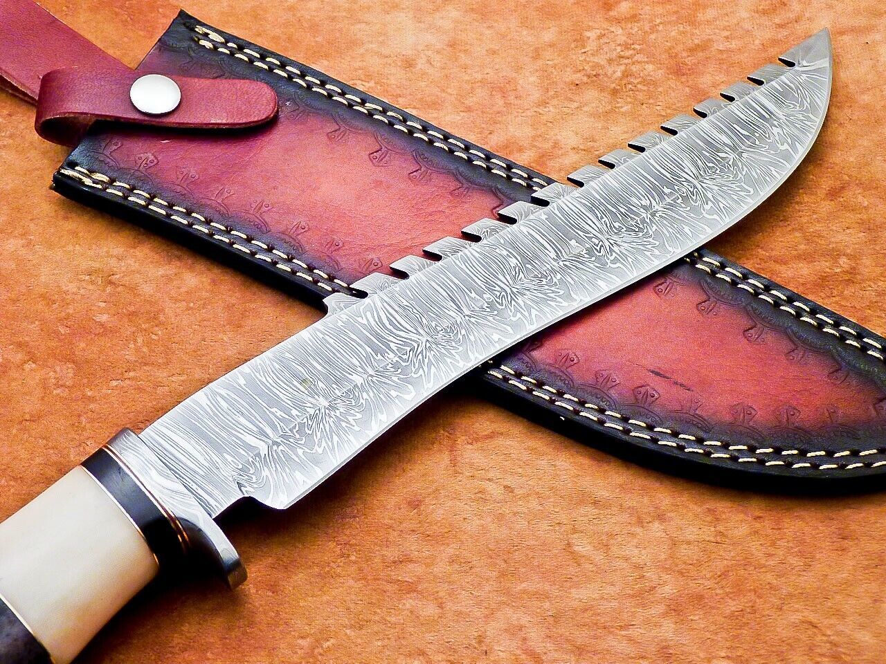 Heritage Forge 15 Inch Custom Handmade Damascus Hunting Bowie Knife with Camel Bone Handle
