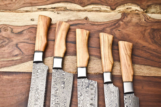 Premium 5-Piece Handmade Hammered Damascus Steel Chef Knife Set – Full Tang, Artisan Blades