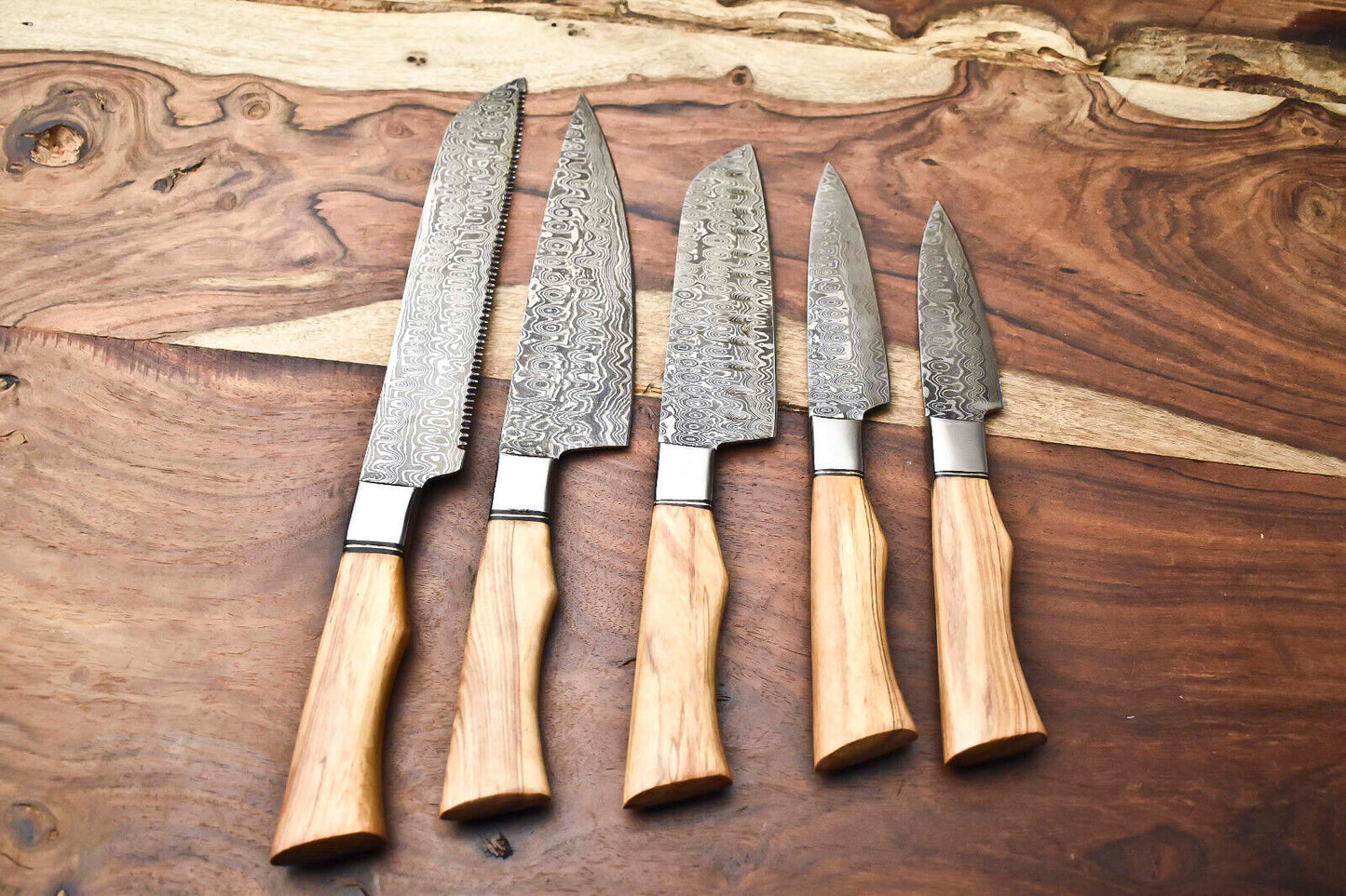 Premium 5-Piece Handmade Hammered Damascus Steel Chef Knife Set – Full Tang, Artisan Blades