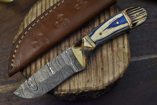 Custom Twist Damascus Skinner Knife Bone and Wood Handle 8" Handmade Bushcraft Blade