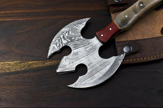 Rare Handmade Damascus Ram’s Horn Hunting Clever Chopper Axe Knife with Leather Sheath