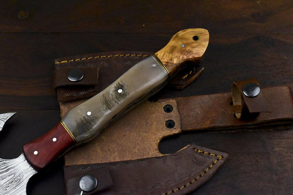 Rare Handmade Damascus Ram’s Horn Hunting Clever Chopper Axe Knife with Leather Sheath