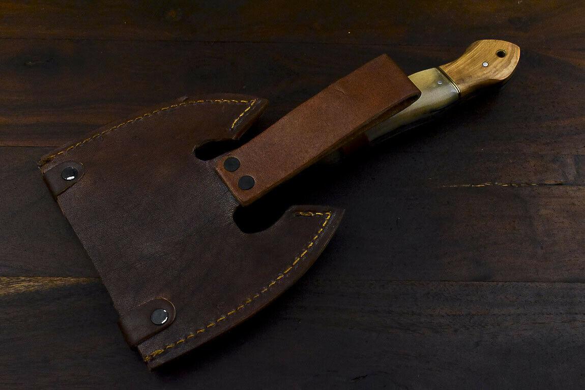 Rare Handmade Damascus Ram’s Horn Hunting Clever Chopper Axe Knife with Leather Sheath