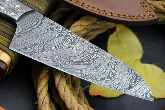 Custom Handmade 11.8" Damascus Steel Chef Knife with Camel Bone Handle & Leather Sheath