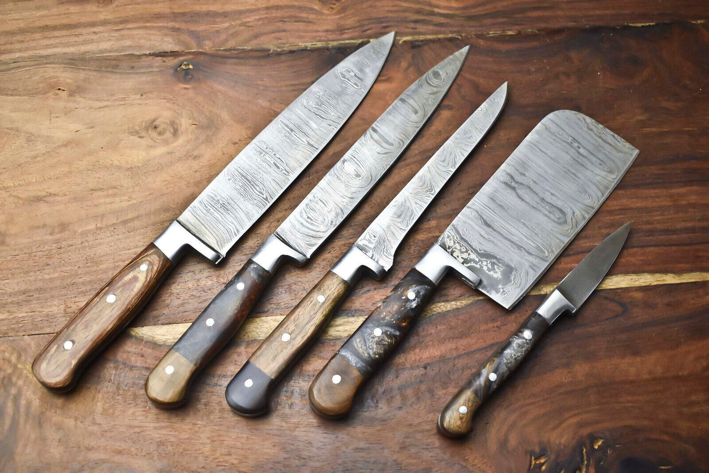 Custom Lot of 5 Handmade Hammered Damascus Steel Chef Knives – Professional Kitchen Knife Set