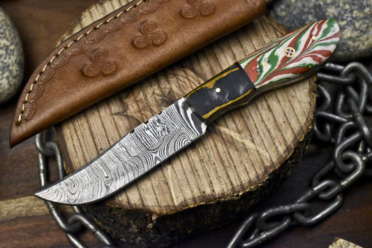 Custom Forged Twist Damascus Skinner Knife with Micarta Handle and Wooden Bolster – 8 Inch Hunting Blade