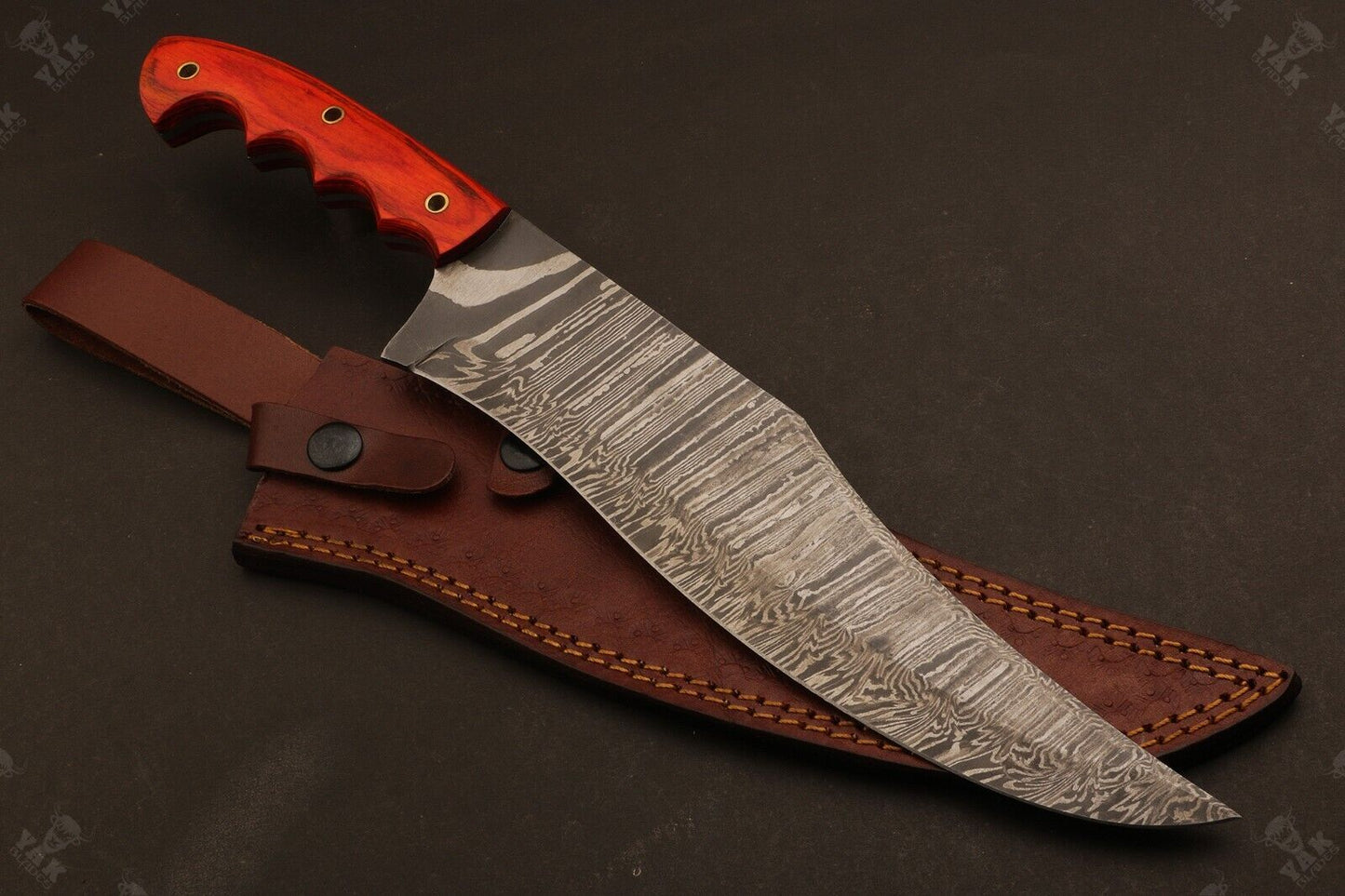 Heritage Forge 15 Inch Damascus Steel Bowie Knife with Wood Handle for Hunting and Camping