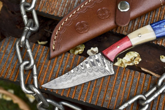 Custom Damascus Skinner Hunting Knife Ladder Pattern with Bone and Wood Handle