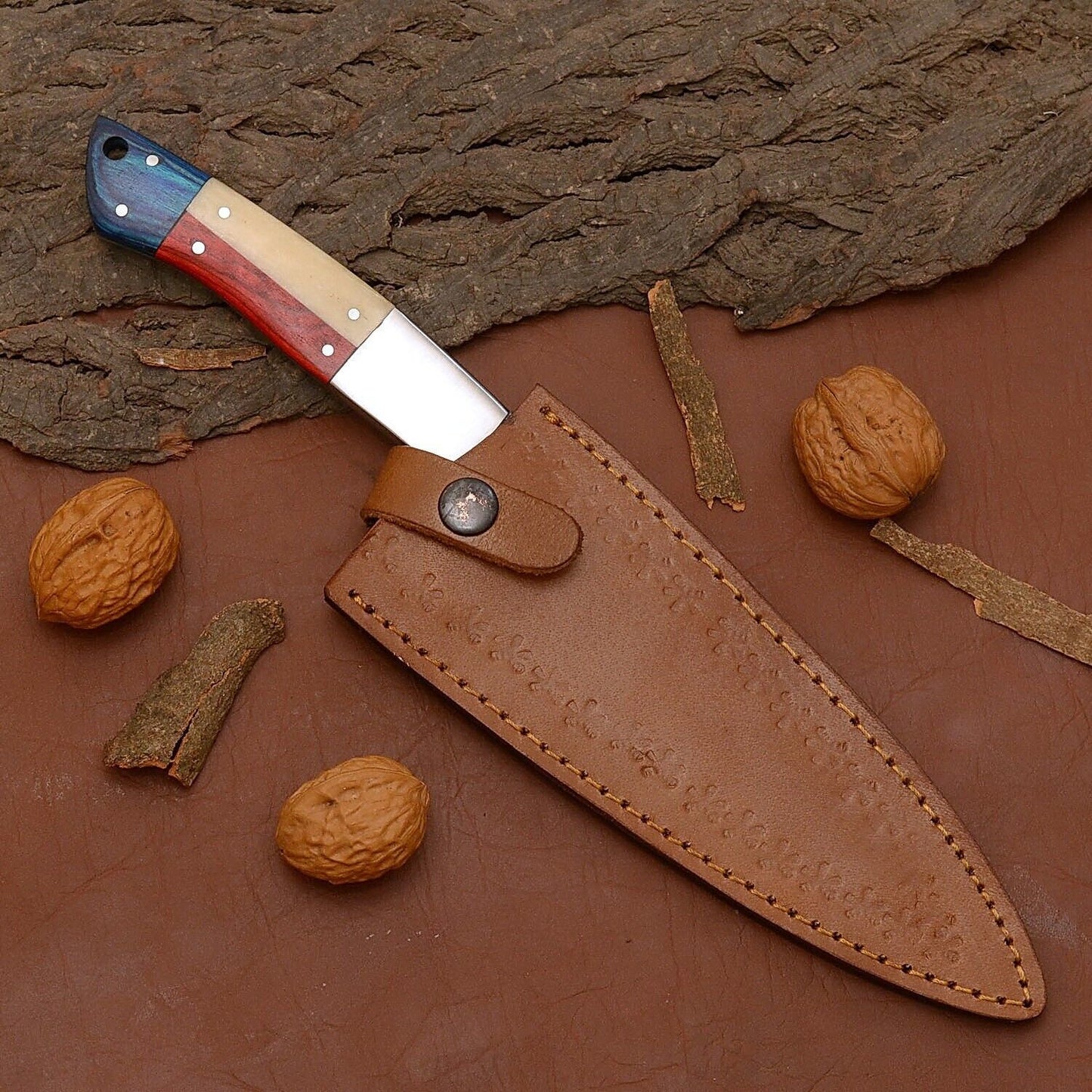 Damascus Steel Chef Knife | 12" Full Tang Kitchen Knife with Wooden Handle & Sheath