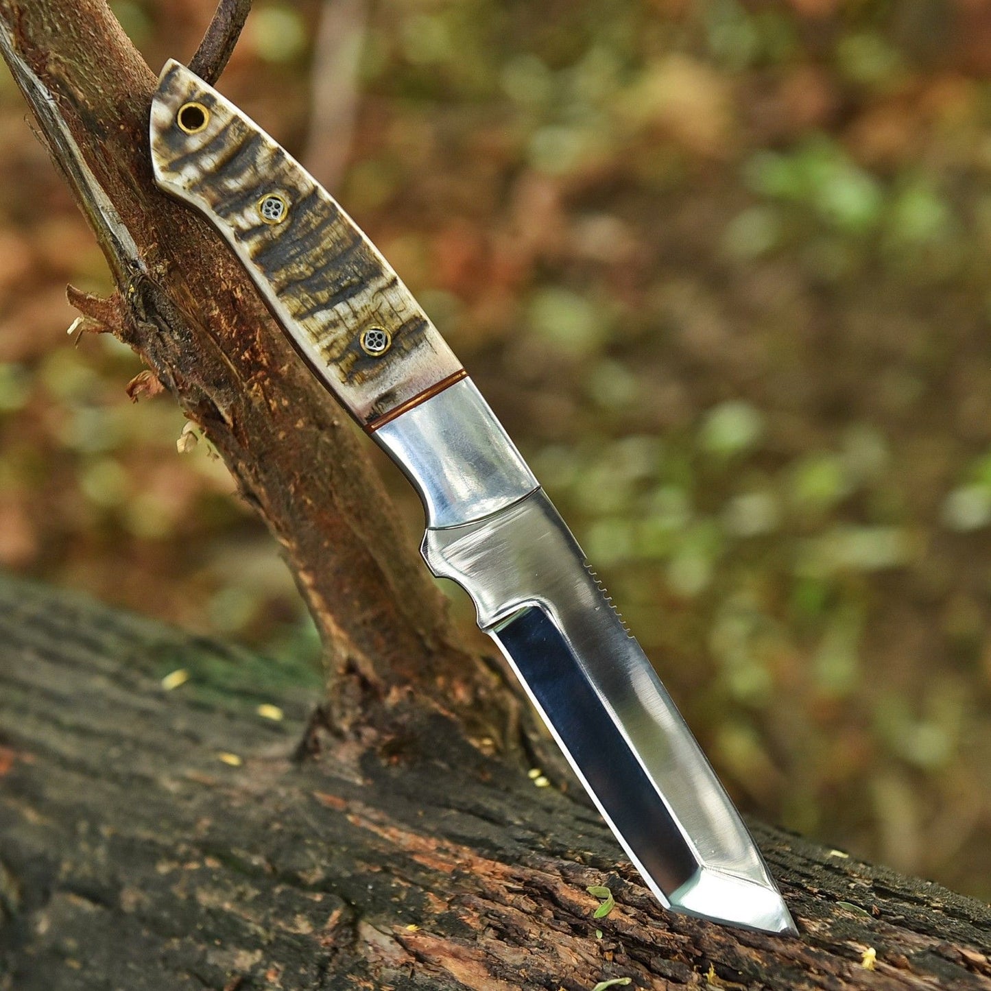 9" Handmade 52100 Steel Tanto Skinner Knife with Sheep Horn Handle & Leather Sheath
