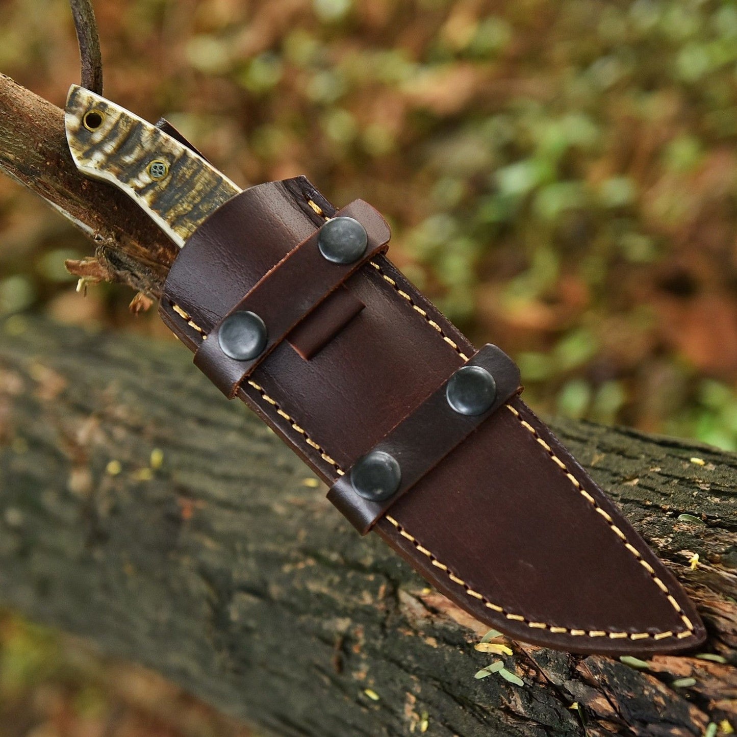 9" Handmade 52100 Steel Tanto Skinner Knife with Sheep Horn Handle & Leather Sheath