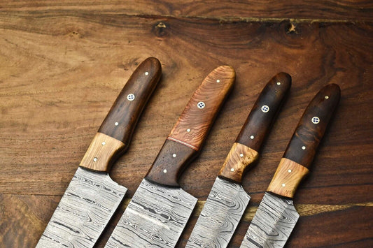 Lot of 4 Custom Handmade Damascus Steel Full Tang Chef Knives Set – 8" to 12" Razor Sharp Kitchen Blades