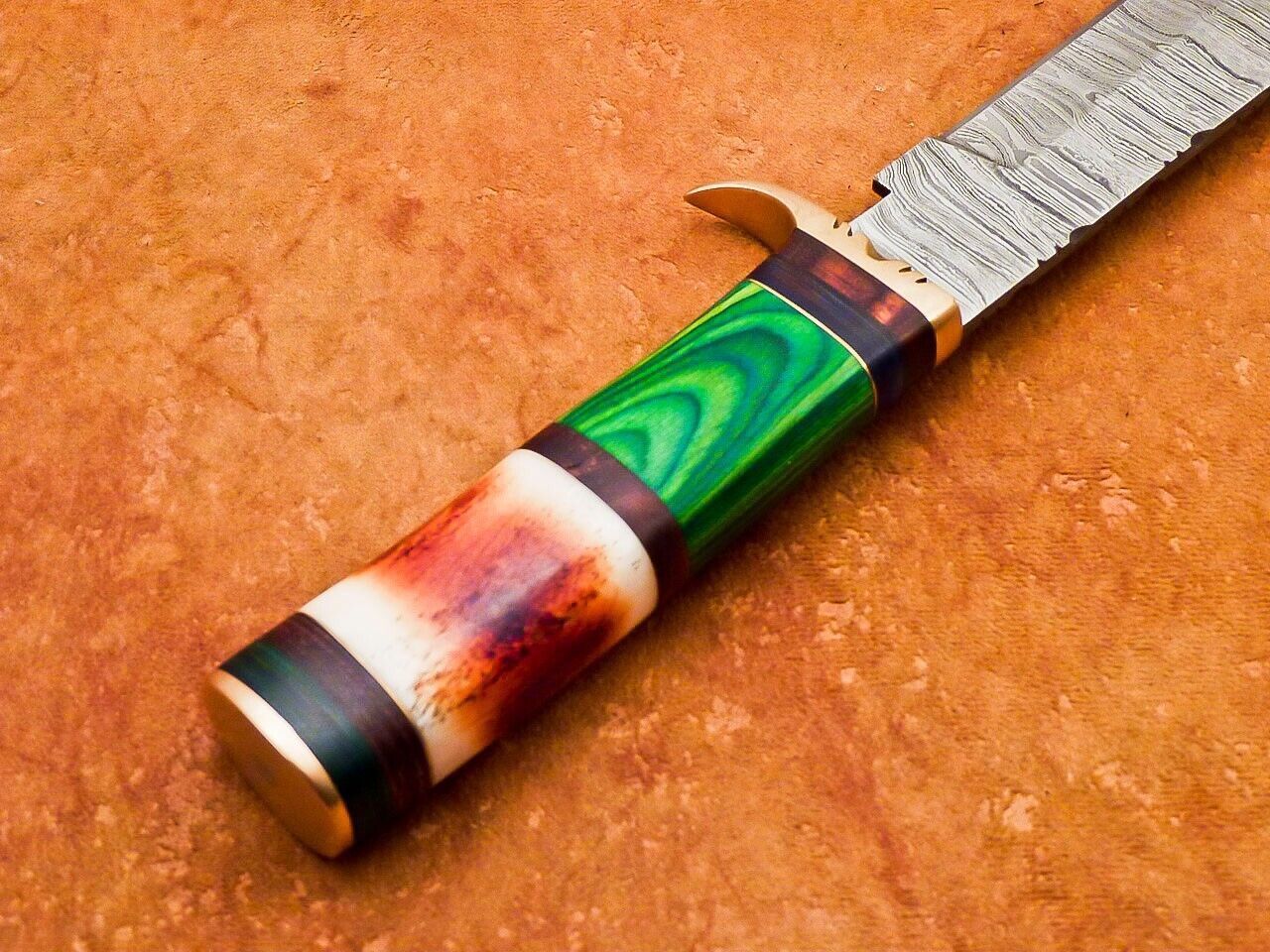 15 Inch Handmade Damascus Bowie Knife with Camel Bone and Hardwood Handle by Heritage Forge