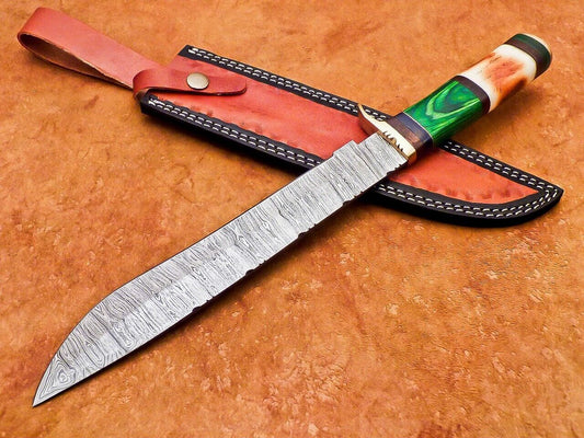 15 Inch Handmade Damascus Bowie Knife with Camel Bone and Hardwood Handle by Heritage Forge