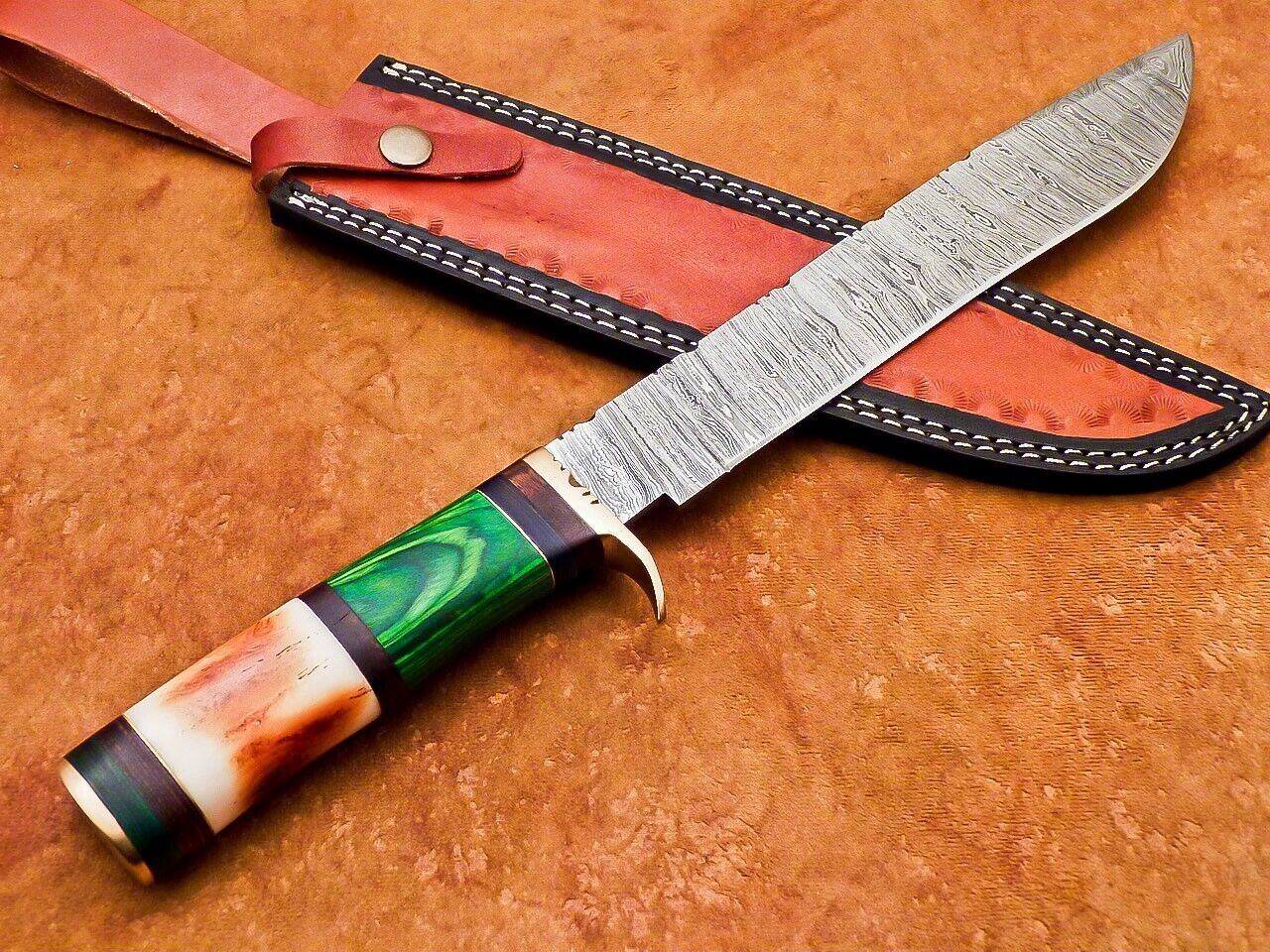 15 Inch Handmade Damascus Bowie Knife with Camel Bone and Hardwood Handle by Heritage Forge