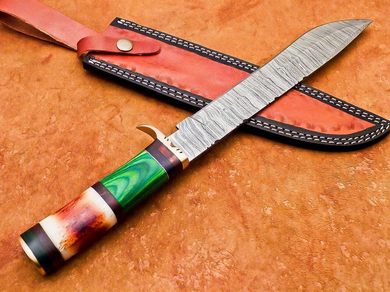 15 Inch Handmade Damascus Bowie Knife with Camel Bone and Hardwood Handle by Heritage Forge