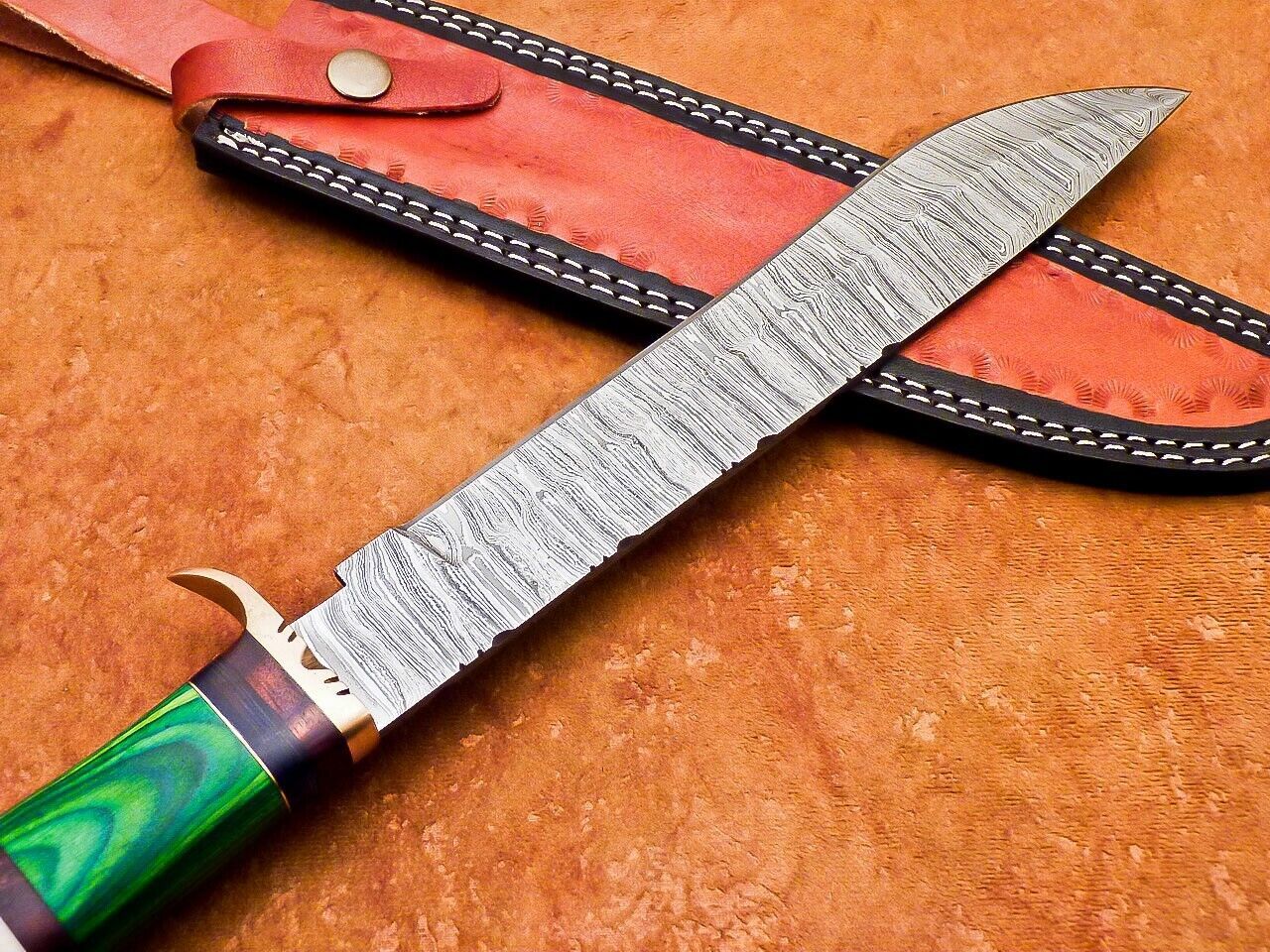 15 Inch Handmade Damascus Bowie Knife with Camel Bone and Hardwood Handle by Heritage Forge