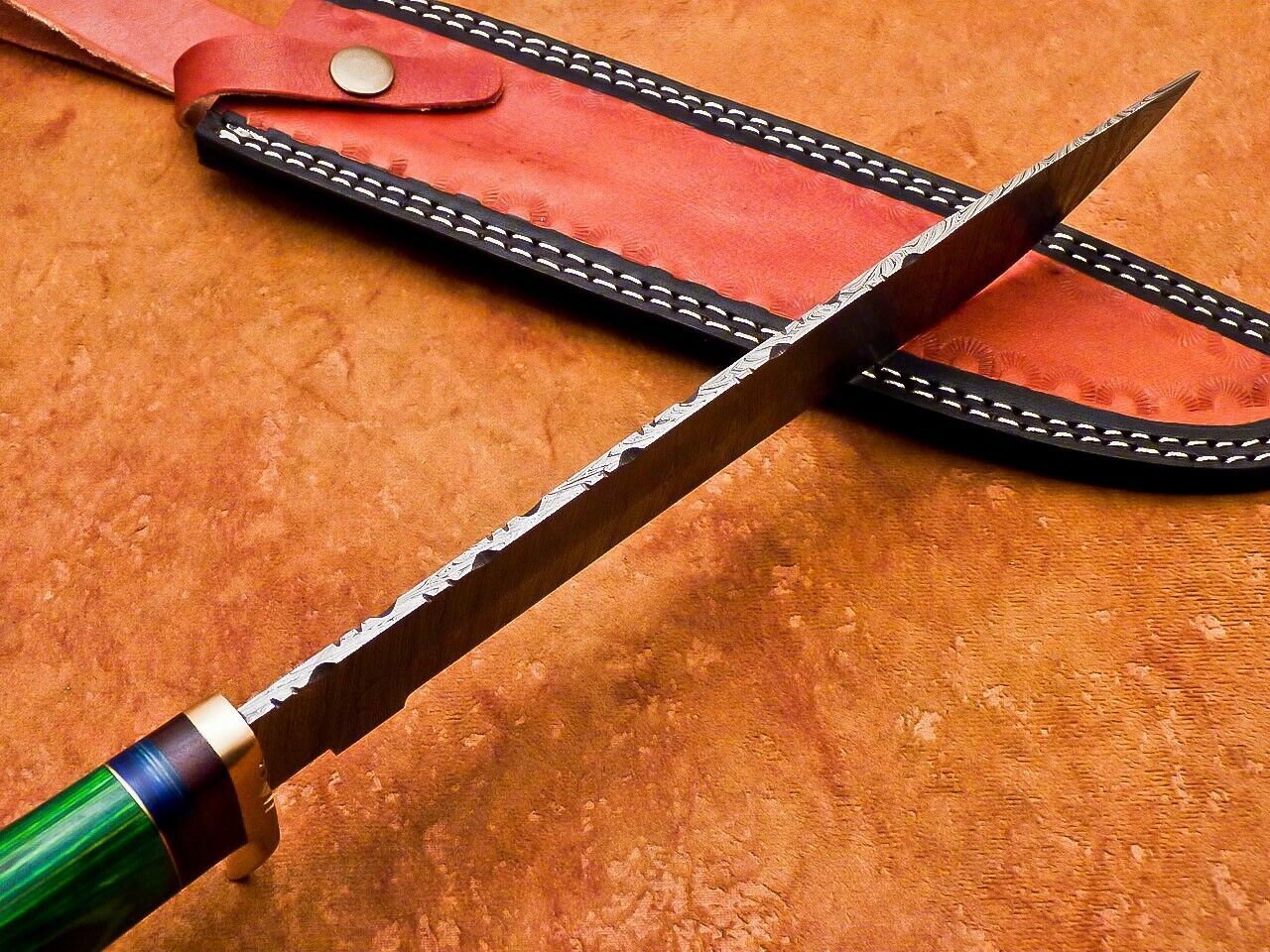 15 Inch Handmade Damascus Bowie Knife with Camel Bone and Hardwood Handle by Heritage Forge