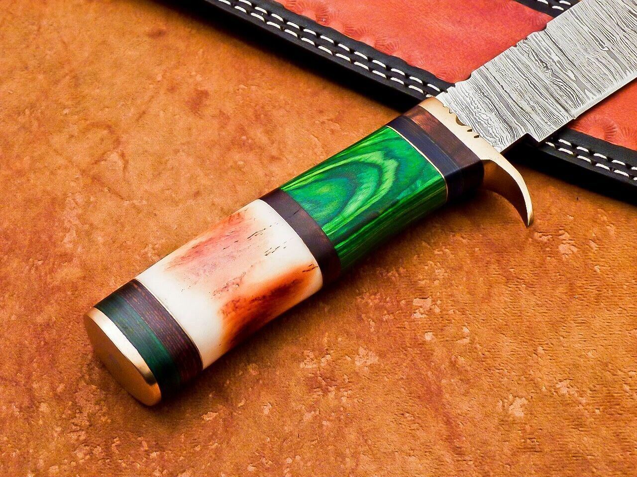 15 Inch Handmade Damascus Bowie Knife with Camel Bone and Hardwood Handle by Heritage Forge