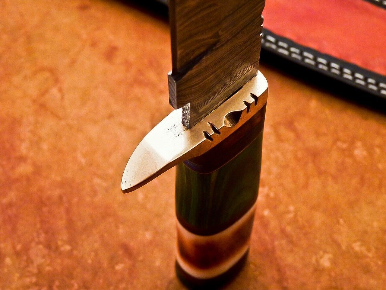 15 Inch Handmade Damascus Bowie Knife with Camel Bone and Hardwood Handle by Heritage Forge