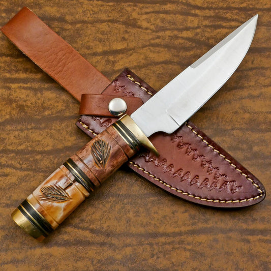Handmade 12 Inch D2 Steel Bowie Camping Hunting Knife – Stained Bone Handle, Full Tang Survival Knife