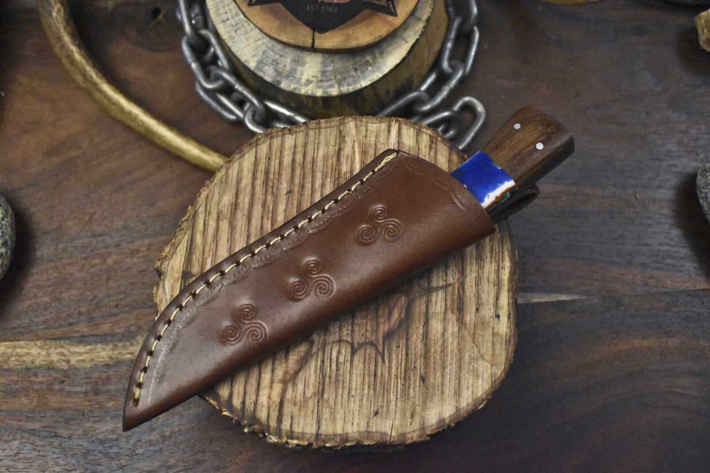 Handmade Twist Damascus Skinner Knife with Corian Handle and Wooden Bolster – 8" EDC Hunting Blade