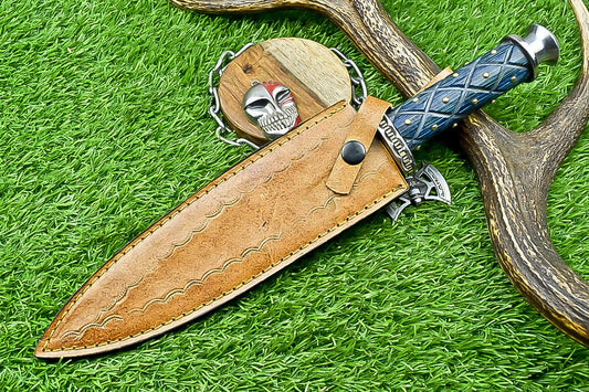 13.5" Damascus Steel Dagger Bowie Knife – Handmade Wood Handle & Sheath