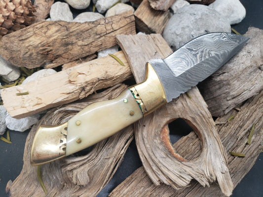 8” Damascus Bowie Skinner Knife – Bone Handle | Compact EDC