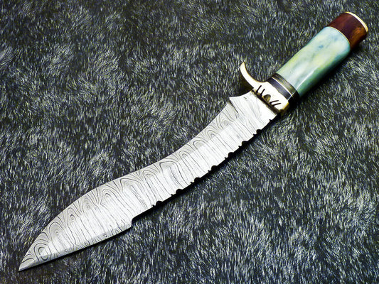 14" Hand Forged Damascus Hunting Bowie Knife | Camel Bone Handle