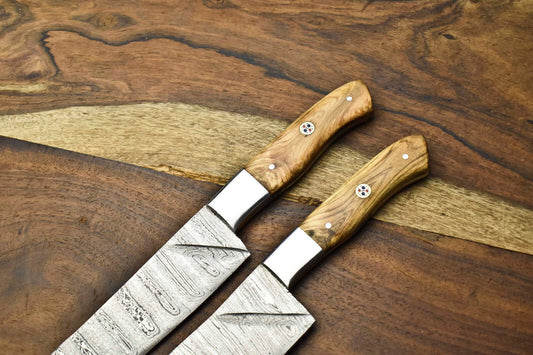 Lot of 2 Handmade Damascus Steel Chef Knives | Full Tang Cutlery Set