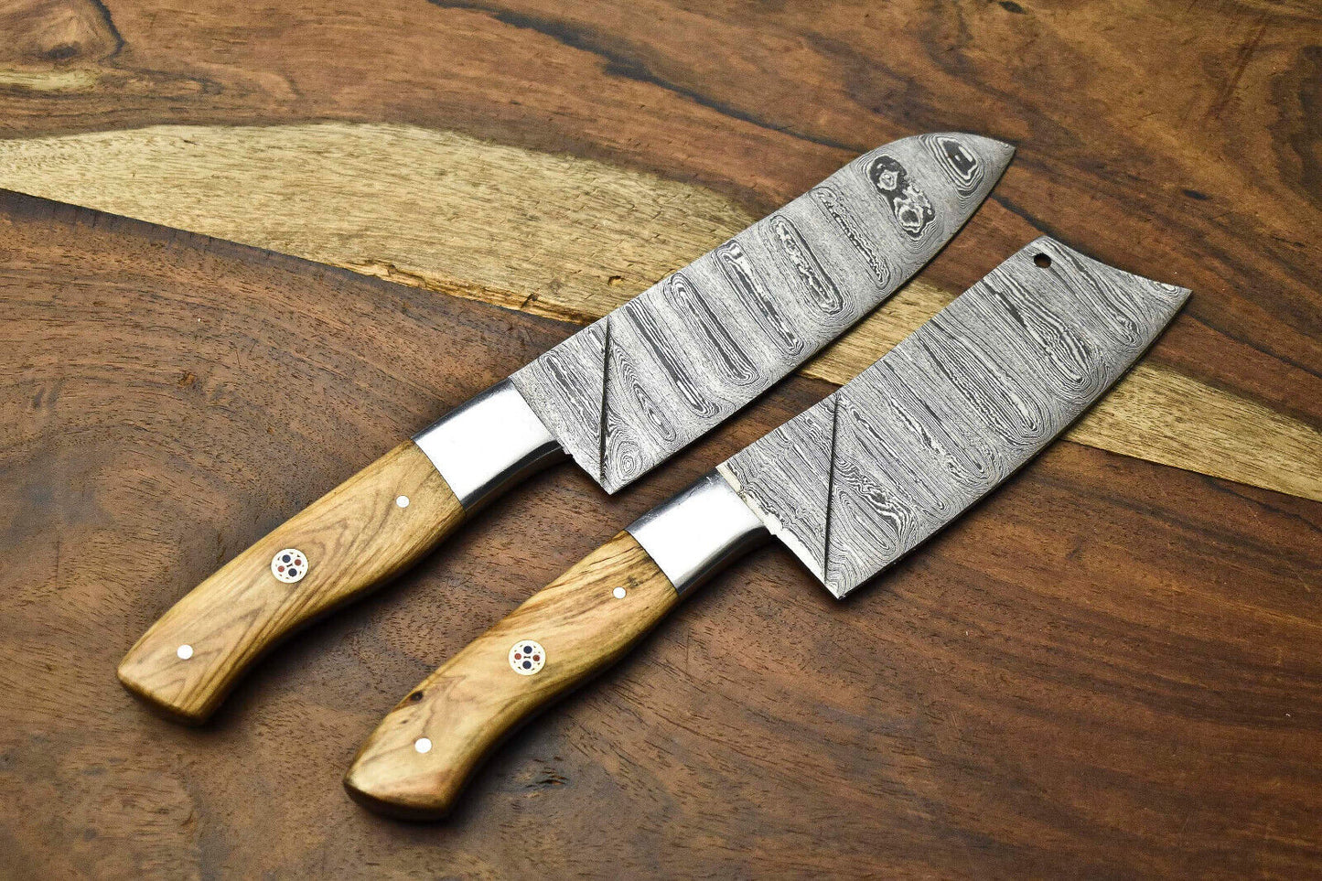 Lot of 2 Handmade Damascus Steel Chef Knives | Full Tang Cutlery Set