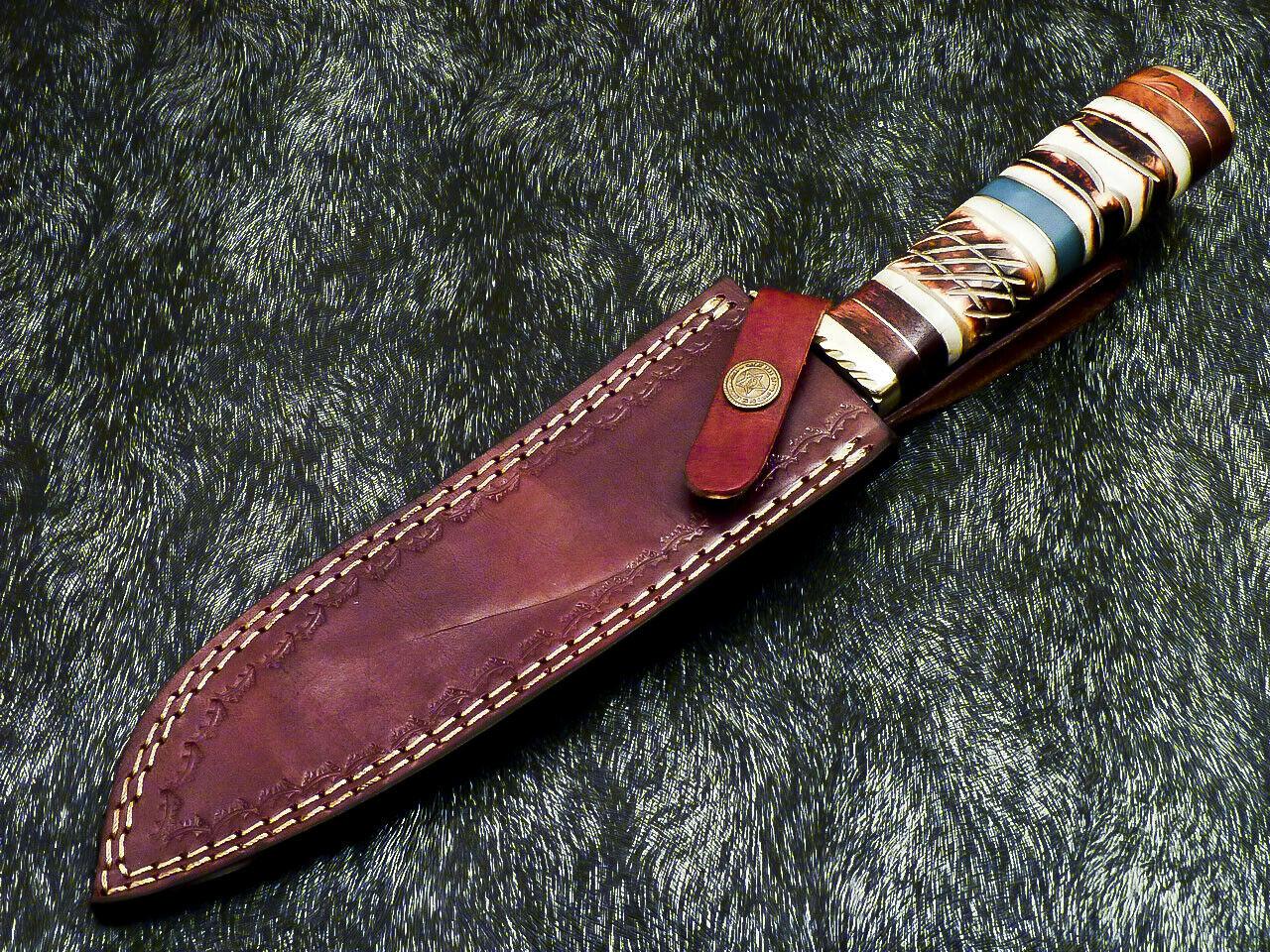 13" Handmade Damascus Bowie Knife Damascus Bowie Knife with Camel Bone Handle
