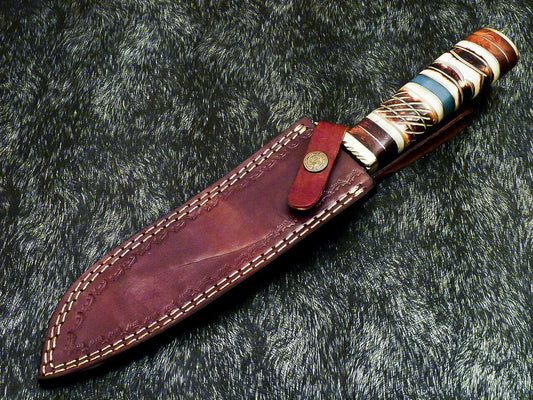 The Dune Sovereign: 13" Hand-Forged Damascus Bowie with Camel Bone Elegance