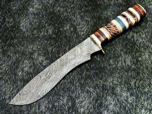 13" Handmade Damascus Bowie Knife Damascus Bowie Knife with Camel Bone Handle