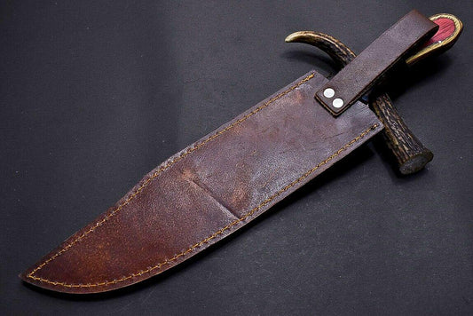 15" Damascus Steel Bowie Knife with Mosaic Pin & Multi-Color Wood Handle