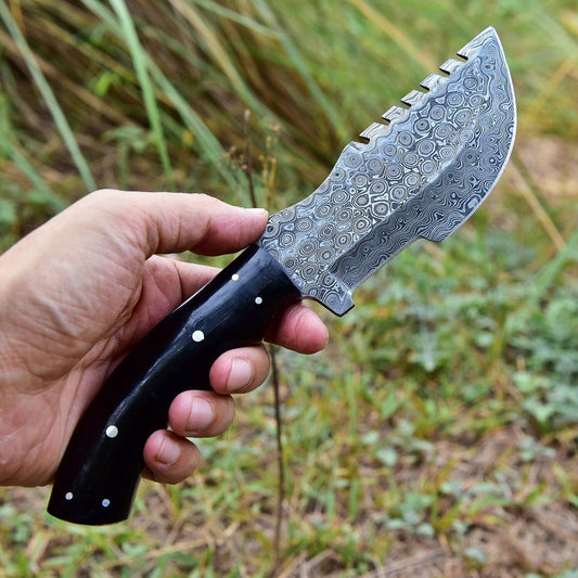 Brown Damascus Tracker Knife – 10" Handmade Hunting Outdoor Fixed Blade with Bull Horn Handle & Leather Sheath