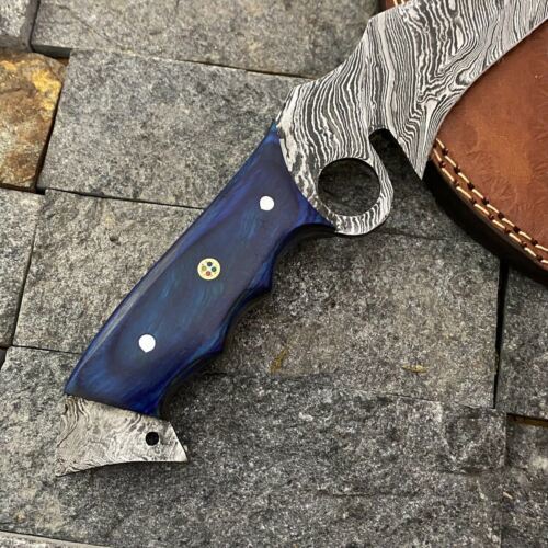 12" Damascus Bowie Cleaver Knife – Stain Wood Handle & Leather Sheath