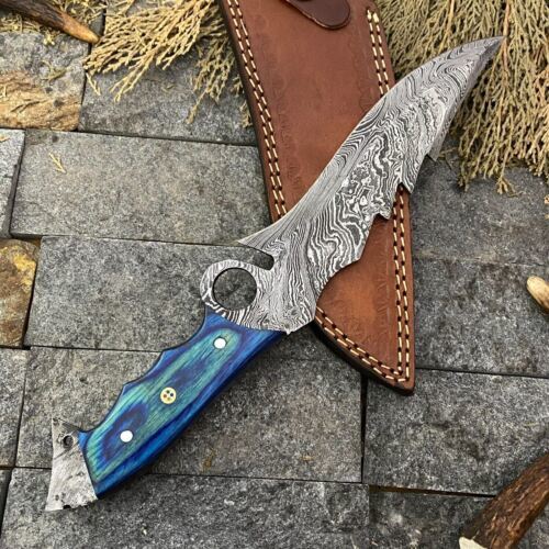 12" Damascus Bowie Cleaver Knife – Stain Wood Handle & Leather Sheath