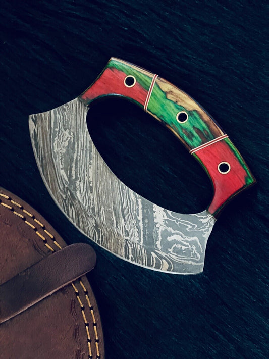 5.5" Custom Handmade Twist Damascus Ulu Bowie Knife – Camel Bone & Wood Handle