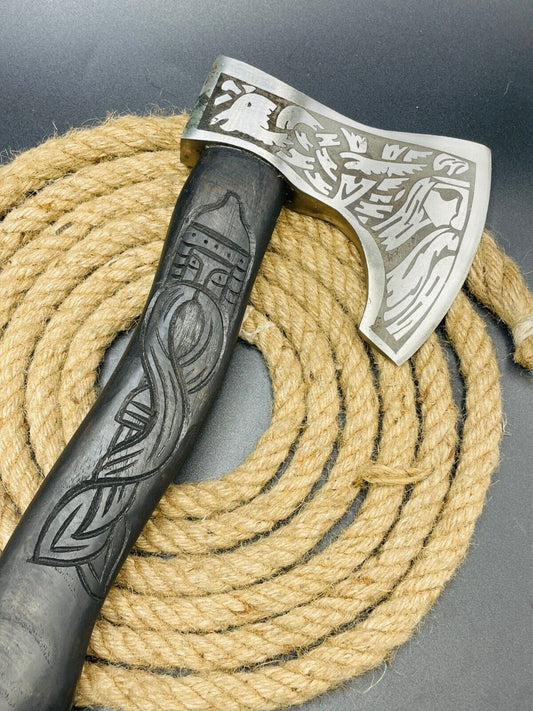 23 Inch Hand Forged Carbon Steel Viking Tomahawk Axe with Wooden Handle and Sheath