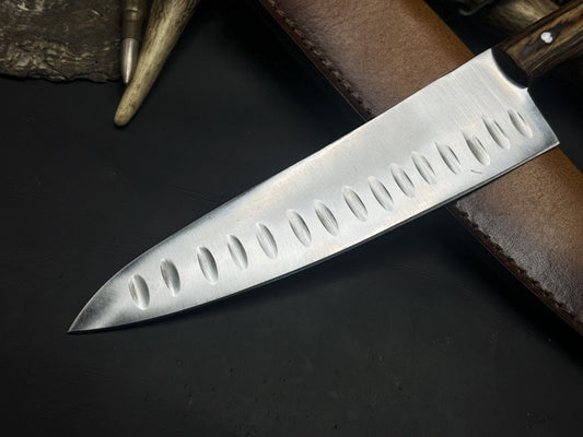 Handmade J2 Steel Chef Knife with Wood Handle & Cow Leather Sheath – Full Tang